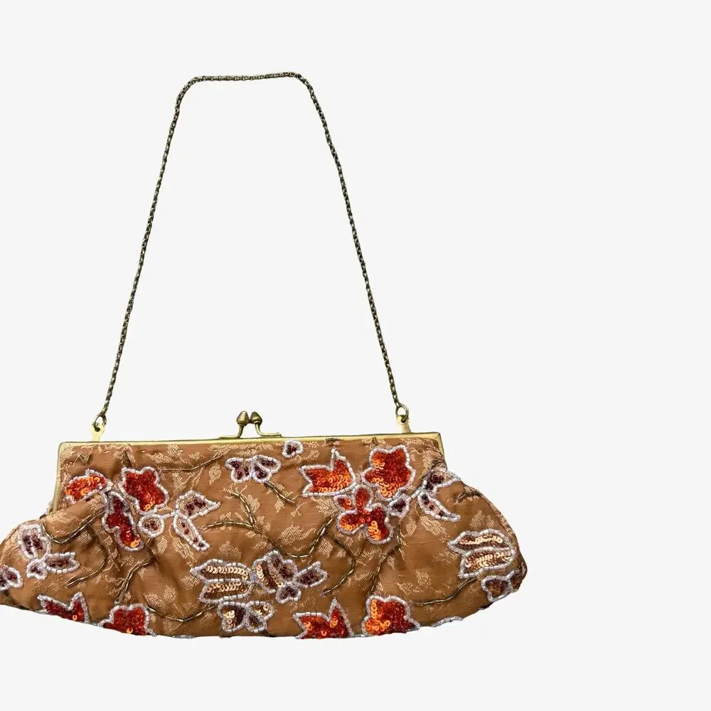 Vintage Beaded Floral Sequin Clutch Evening Bag Kiss Lock Purse Y2K Glam